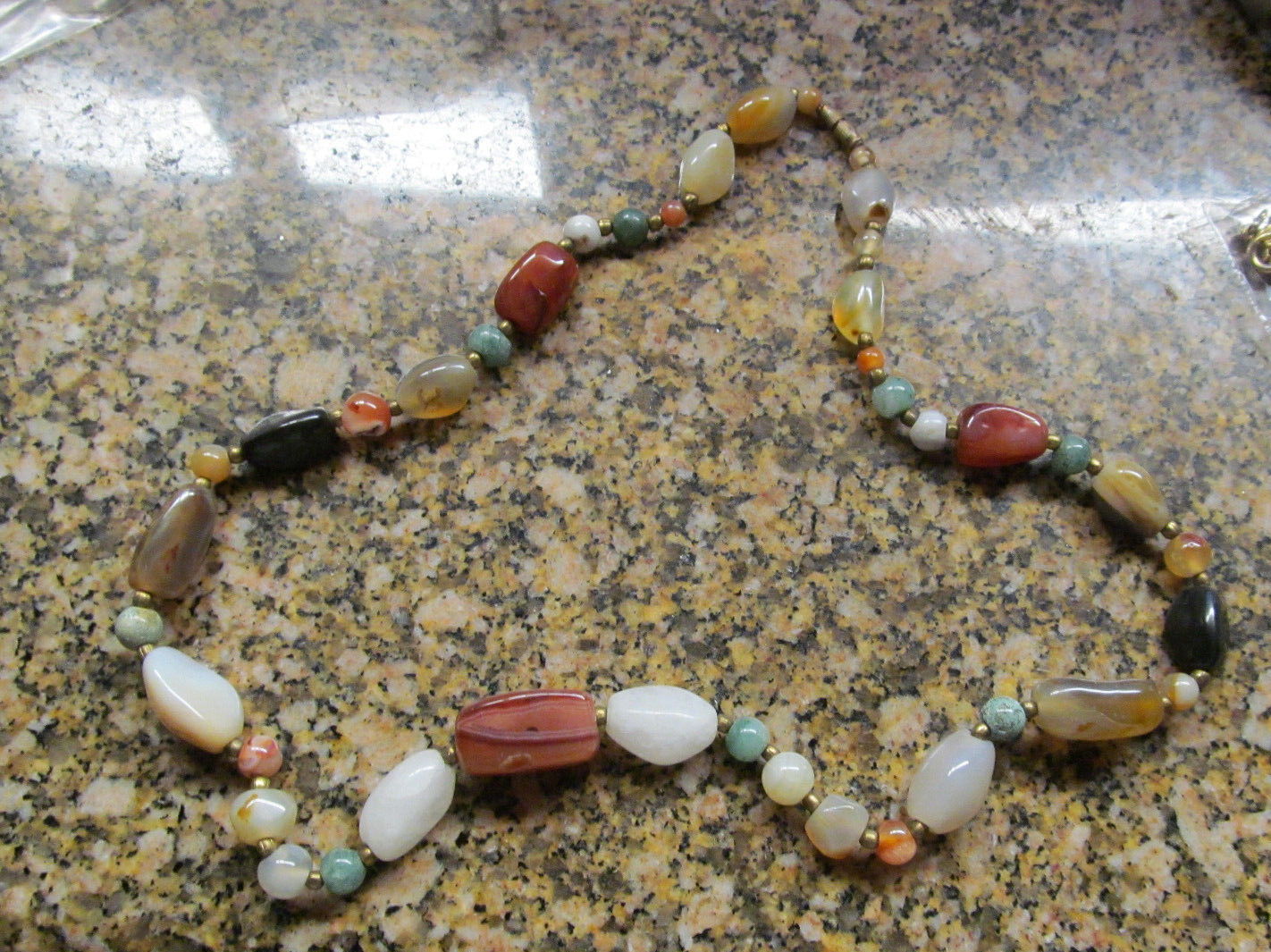 *Mixed Polished Stone Necklace Artisan BLACK, white, green, orange, pink, 20″