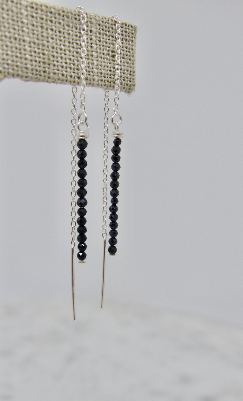 Dainty Black Spinal Faceted Round Silver Threader Long Handmade Women Earrings