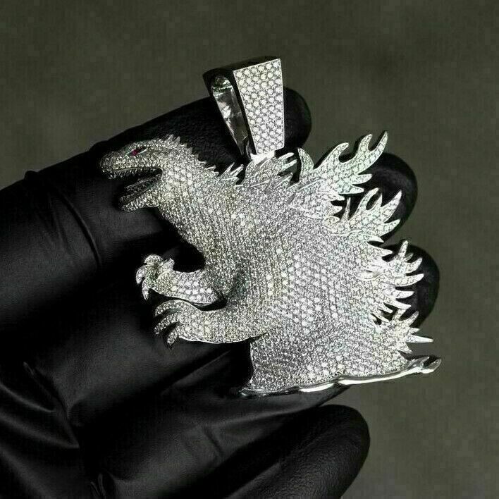 3 Ct Round Cut Simulated Diamond Men’s Godzilla Pendant 14k White Gold Finish