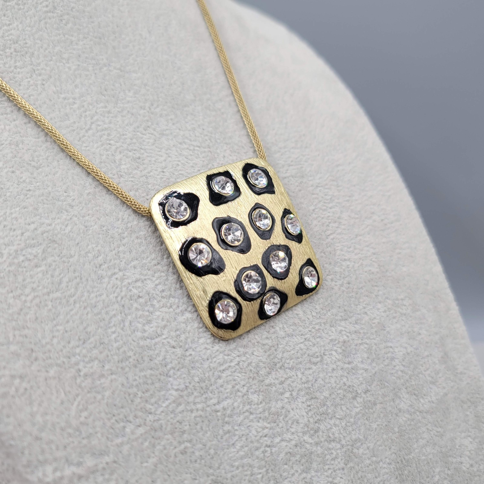 Statement Rhinestone Square Pendant Necklace Black Enamel Matte Gold tone 18″