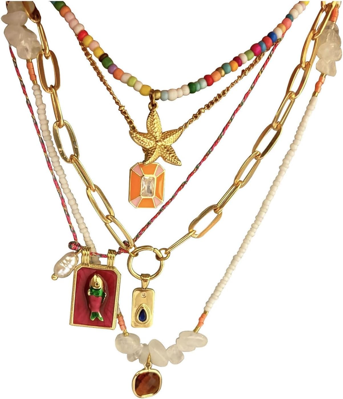 Pendant Necklace Set Bohemian Style Beaded Fish Star 5 Layered Collarbone Chain,