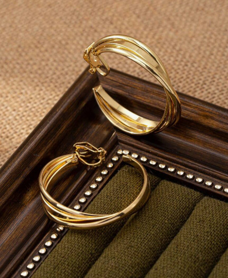 Clip On Hoop Earrings Drop Dangle Gold Tone Thick Round Chunky Earrings