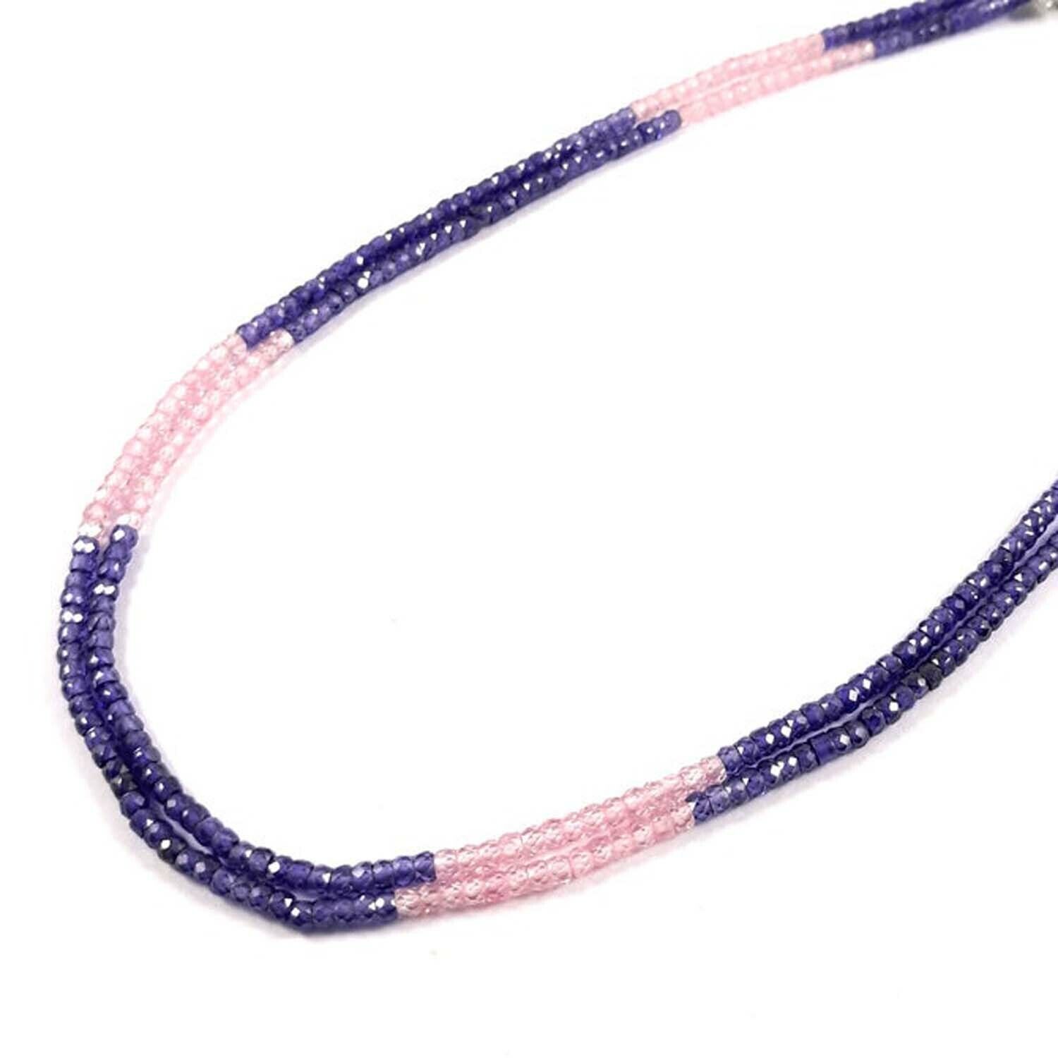Beautiful Blue-Pink Zircon Rondelle Faceted Beaded Jewelry 2 Strand Necklace 18″
