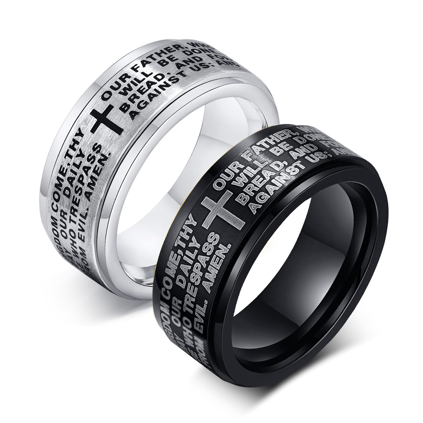 2Pcs Mens Cross Bible Verse Stainless Steel Ring Band Faith Jewelry Gift #7-13