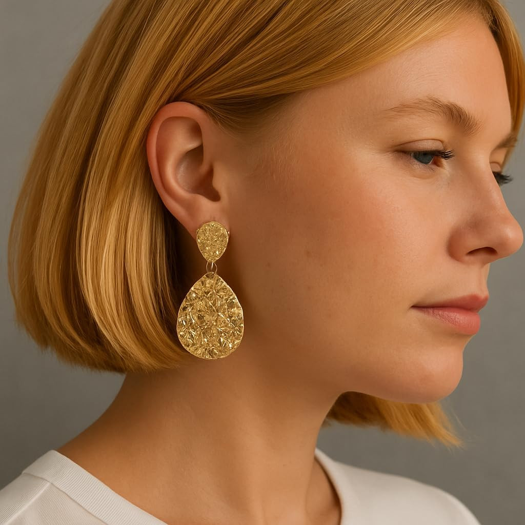 Teardrop Clip on Earrings for Women, Chunky Statement Geometric Textured Earring