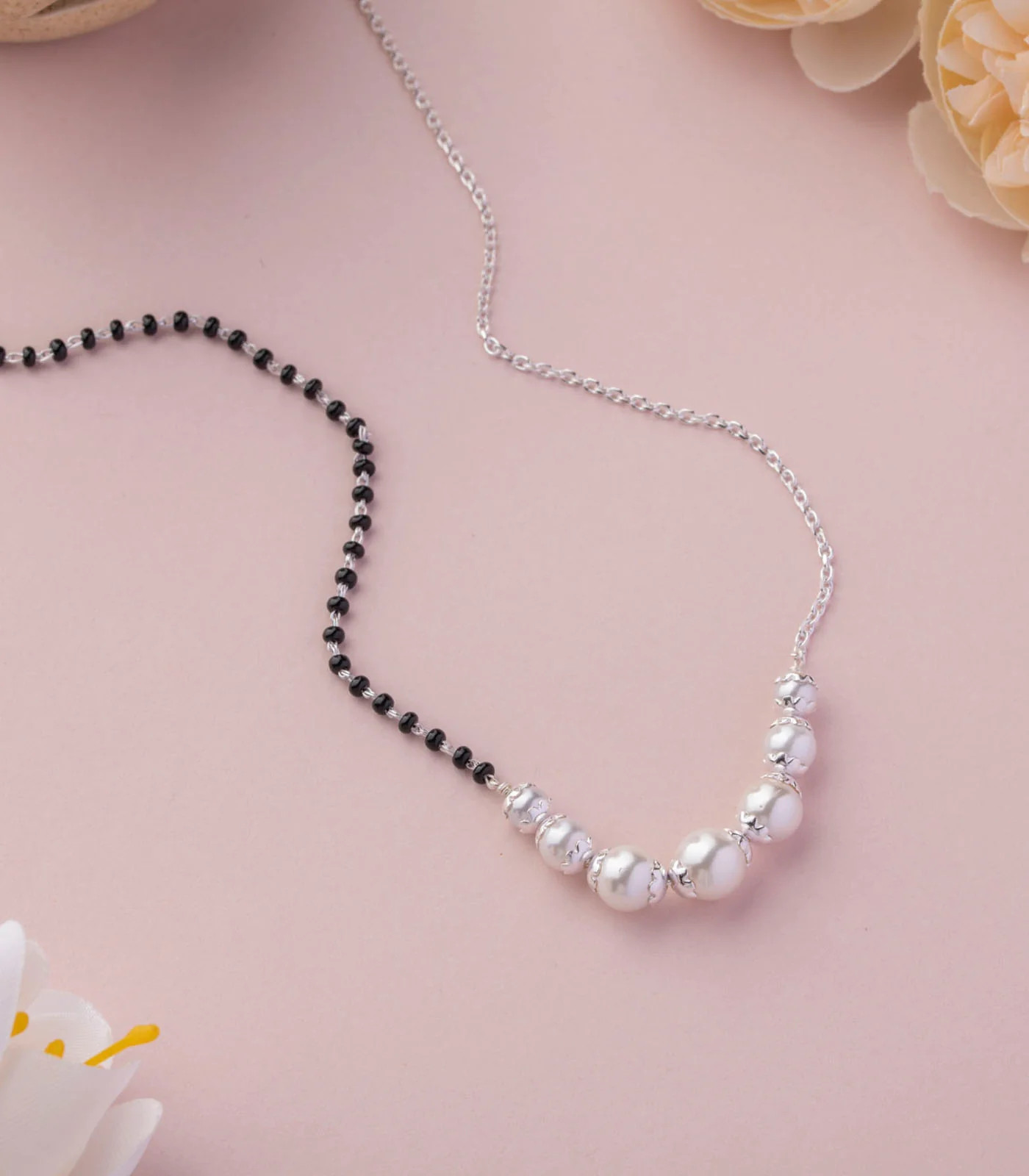 16″to30″925 sterling silver black beaded chain and pearl ball mangalsutra ms136