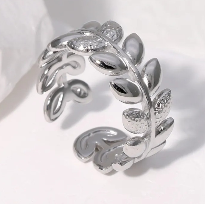 Leaf Olive Branch Open Ring Stainless Steel Adjustable 18K Gold Plated Minimalis