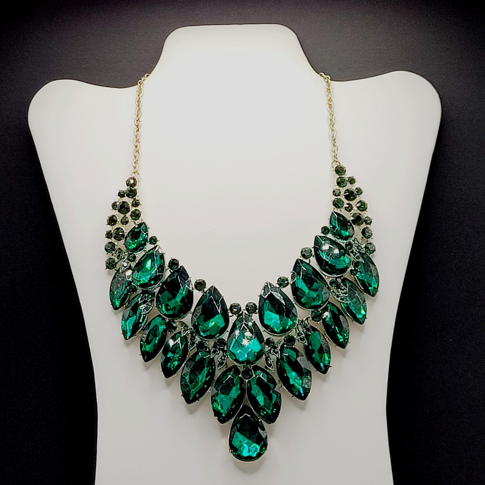 Christina Collection Green Faceted Glass Rhinestone Gold Tone Formal Necklace