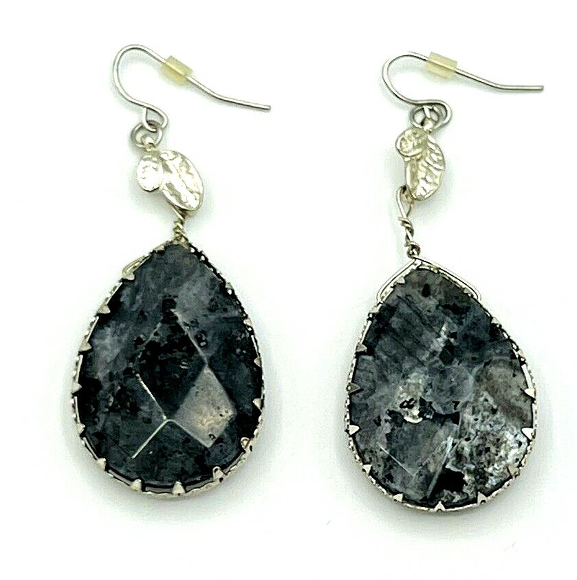 Silver Tone Black Gray Teardrop Natural Stone Pierced Dangle Earrings