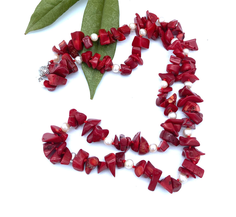Red Nature Coral Gemstone & white pearl Chips Strand/String Necklaces 16-50“