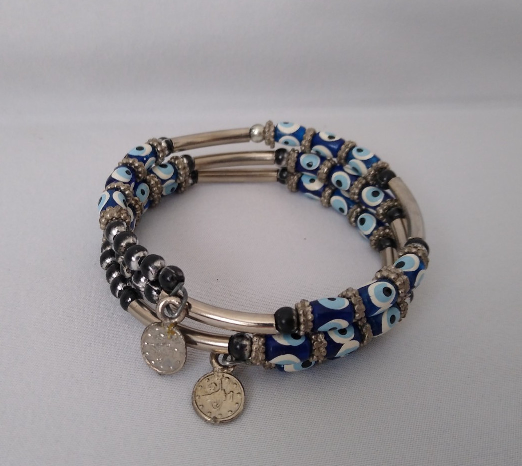 Evil Eye Spiral Bracelet Lucky Blue Eyes Beaded Silver Tone Charms 3 layer Women