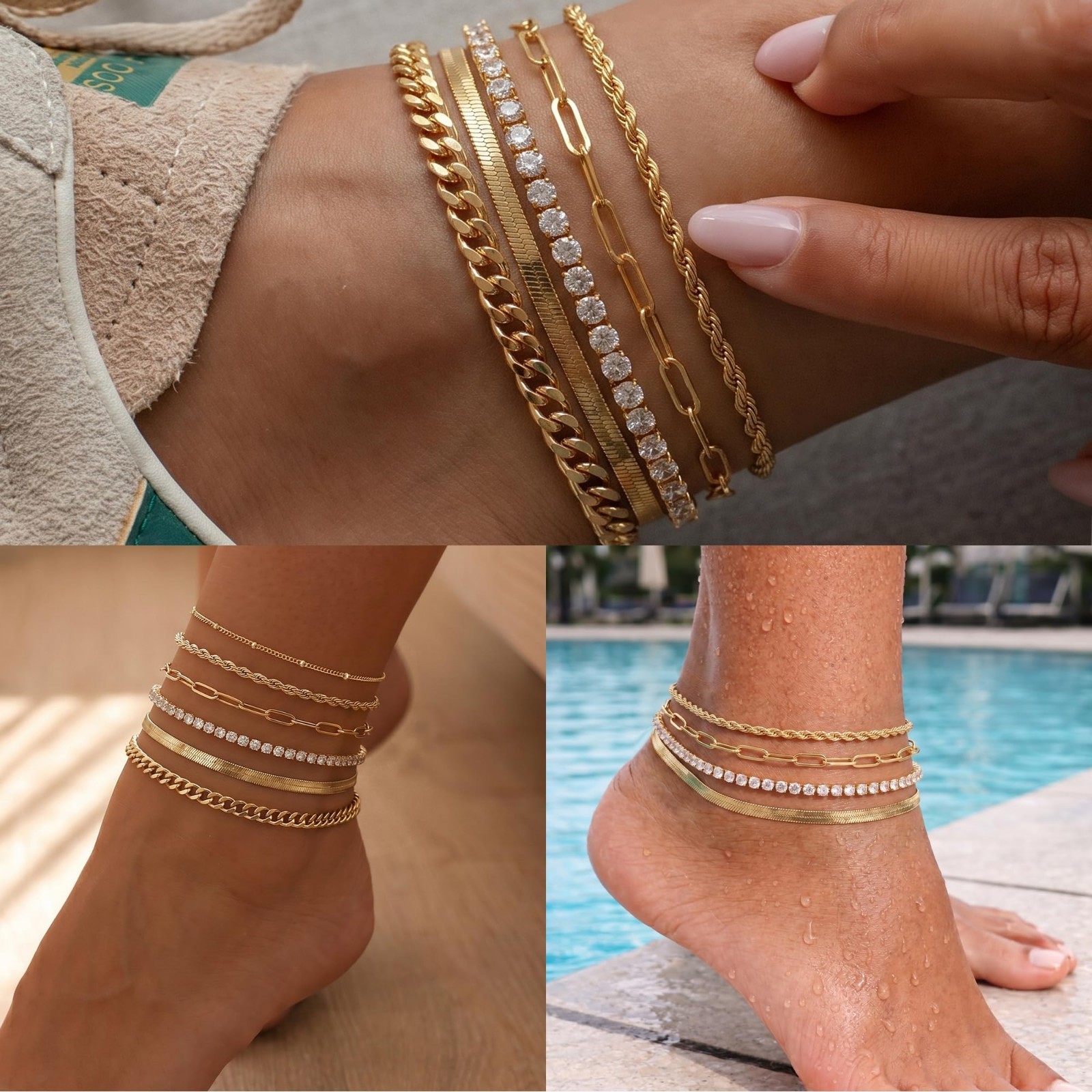 14K Gold Plated Waterproof Ankle Bracelets Set – 6Pcs Layered Cuban Link & Herri