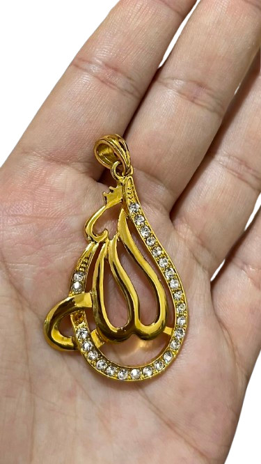 Allah Arabic Calligraphy Pendant Gold Tone Rhinestone Islamic Fashion Jewelry 1.