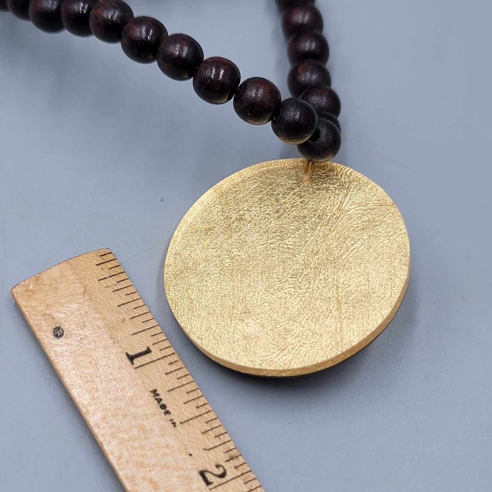 Wood Bead Necklace Mandala Round Pendant 30 in