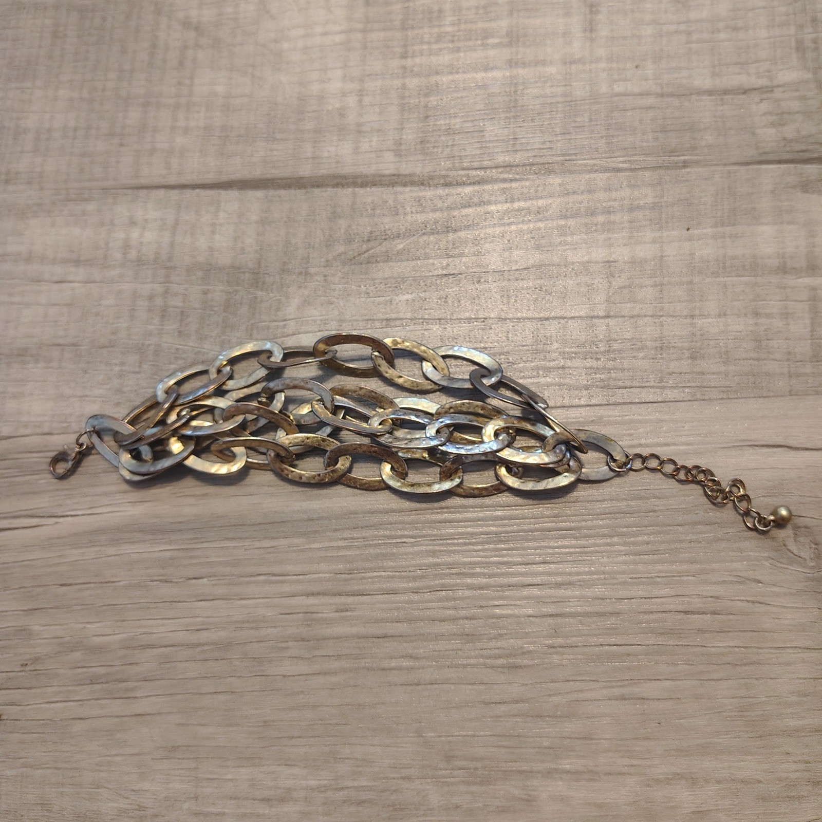 Mixed Metal Multi Strand Link Bracelet Hammered Oval Chain Adjustable vtg