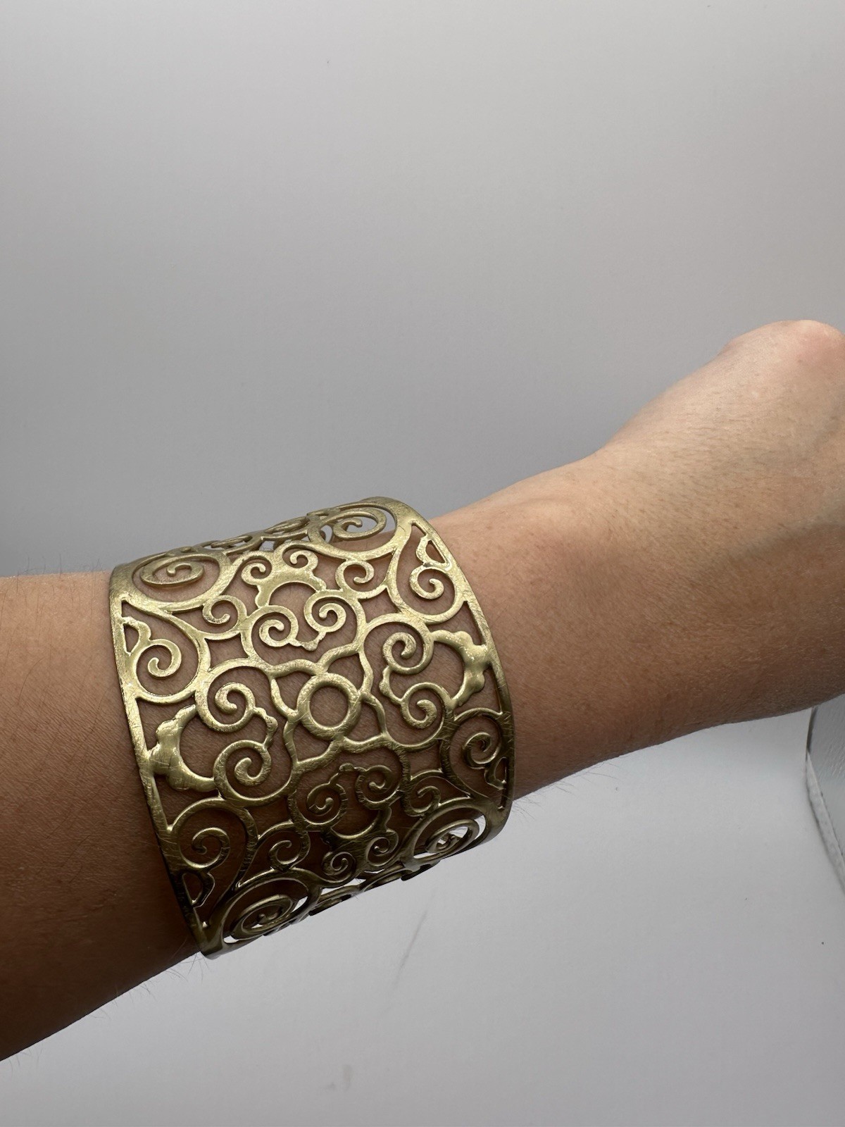 Gold Tone Filigree Scroll Swirl Openwork Wide Cuff Bracelet Metal Sizable
