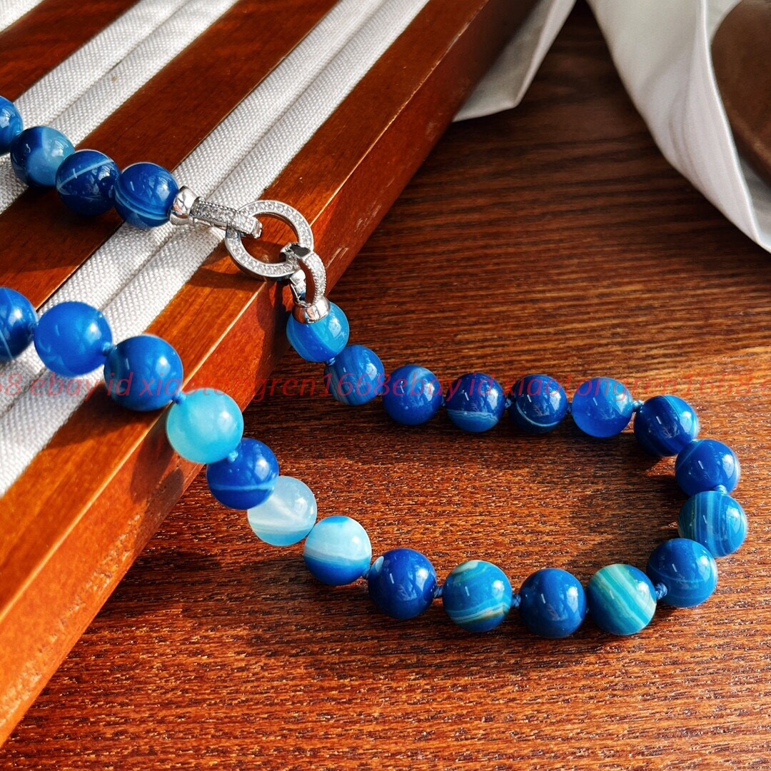 Natural Jewelry 10mm Blue Striped Agate Round Gemstone Beads Necklace 16-48” AA