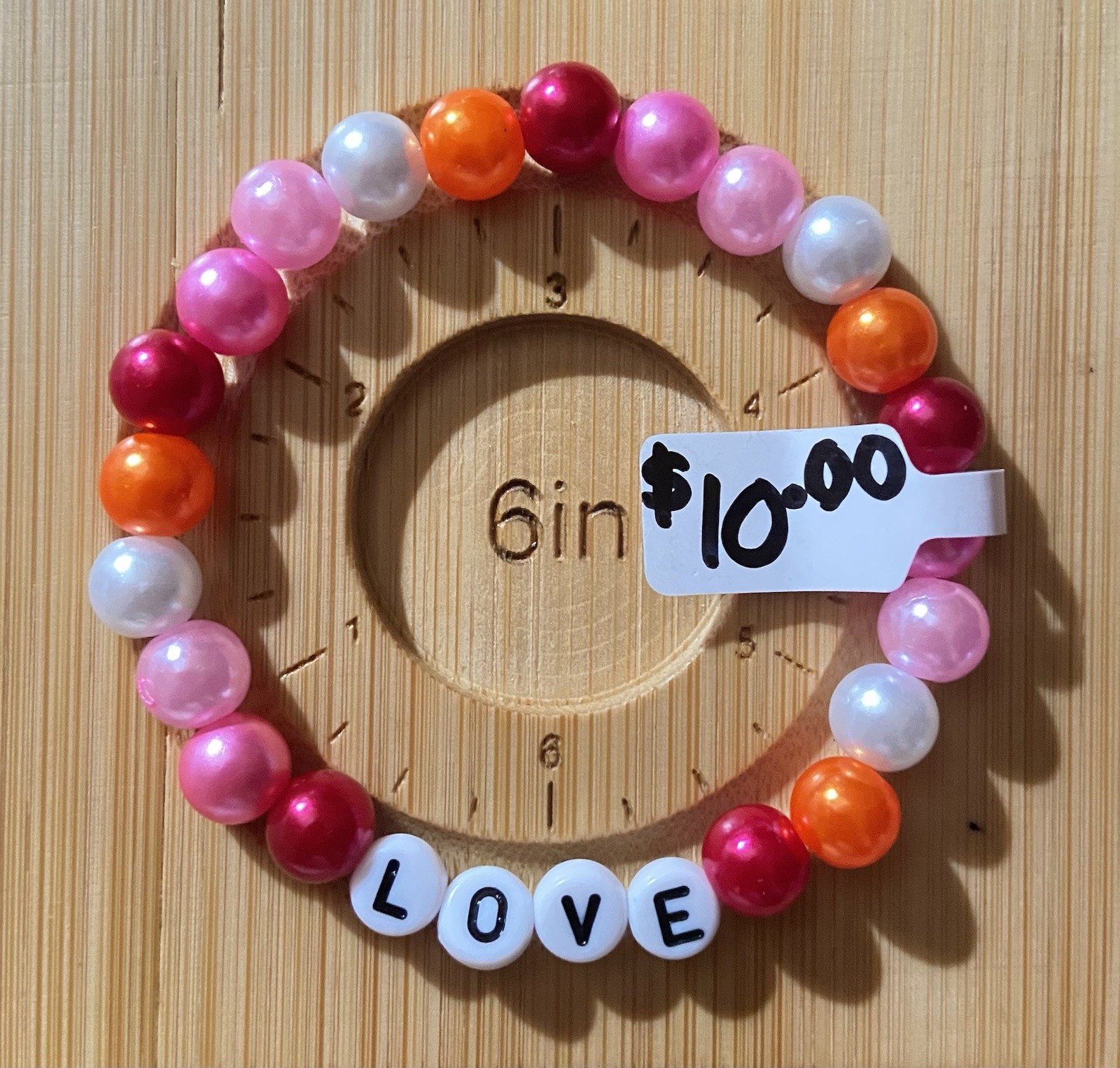 Handmade Beaded “LOVE” Bracelet – Pink/Red/Orange – Stretch Bracelet