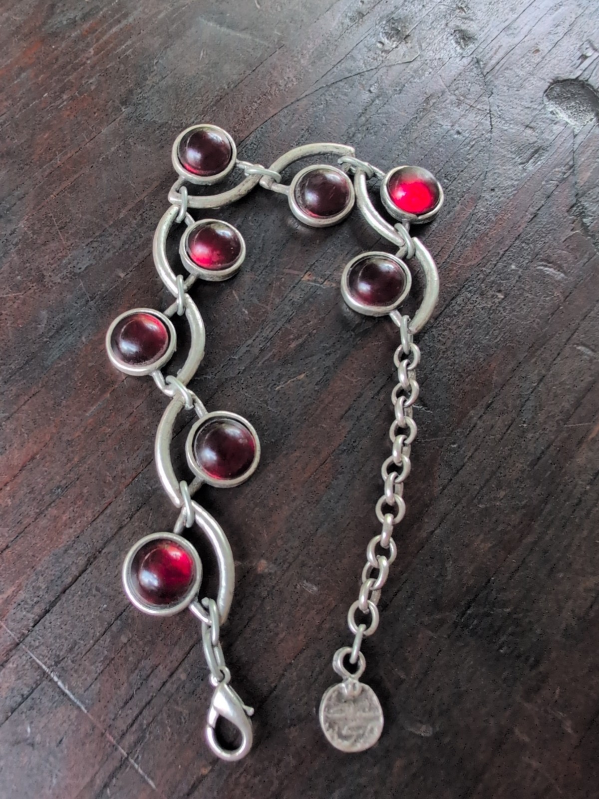 Silvertone/Red Gemstone Bracelet 7.5″-9.5″in.