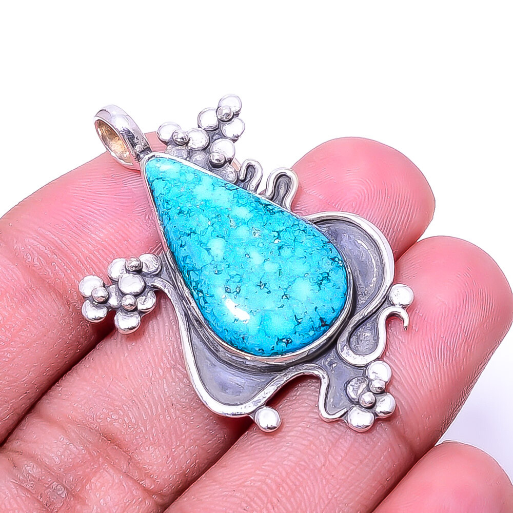 Magnesite Turquoise Oxidised Designer 925 Sterling Silver Pendant 1.76″ P7