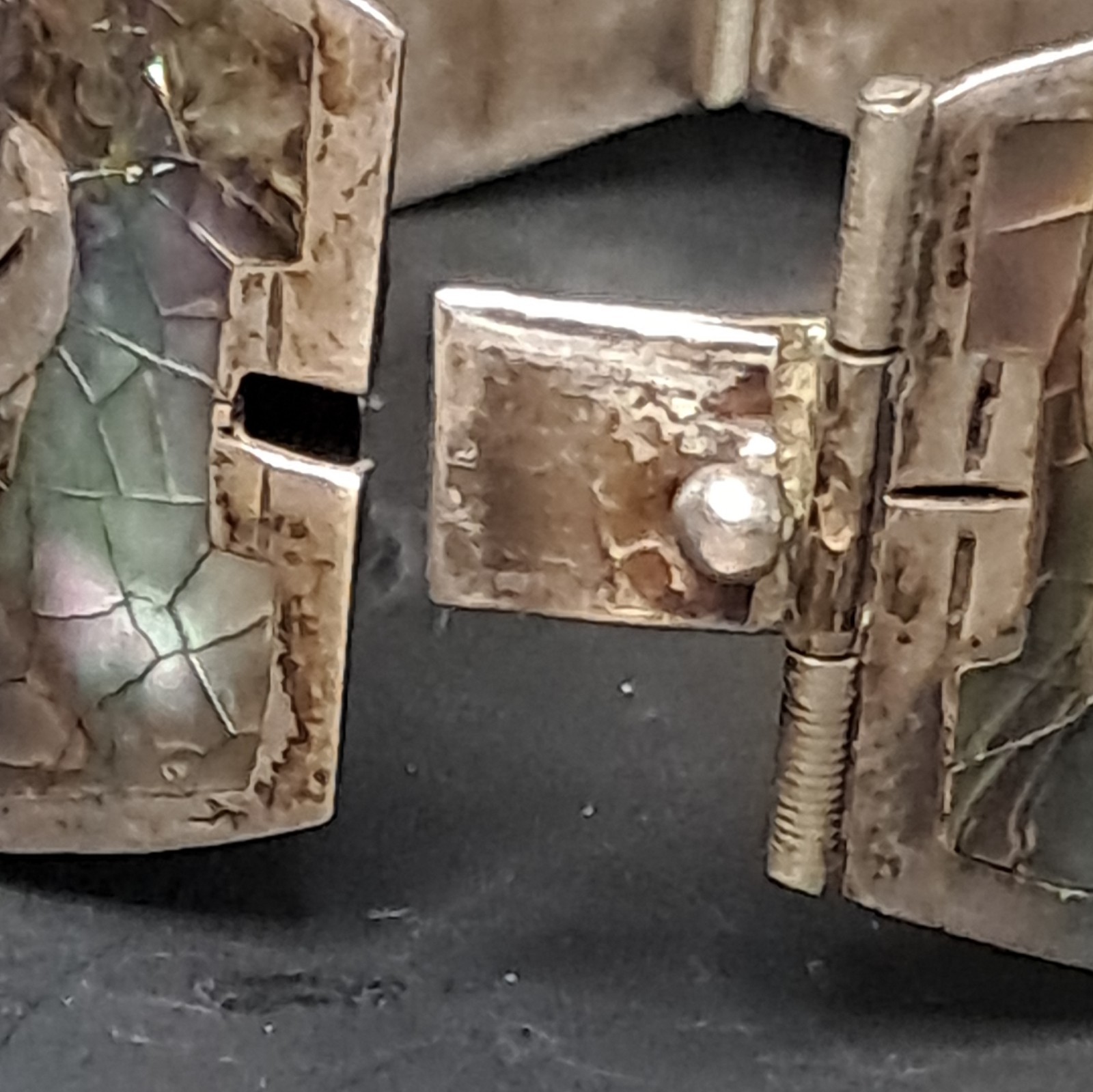 Vtg Mid Century Mexican Sterling Silver Abalone Storyteller Cuff Bracelet 925