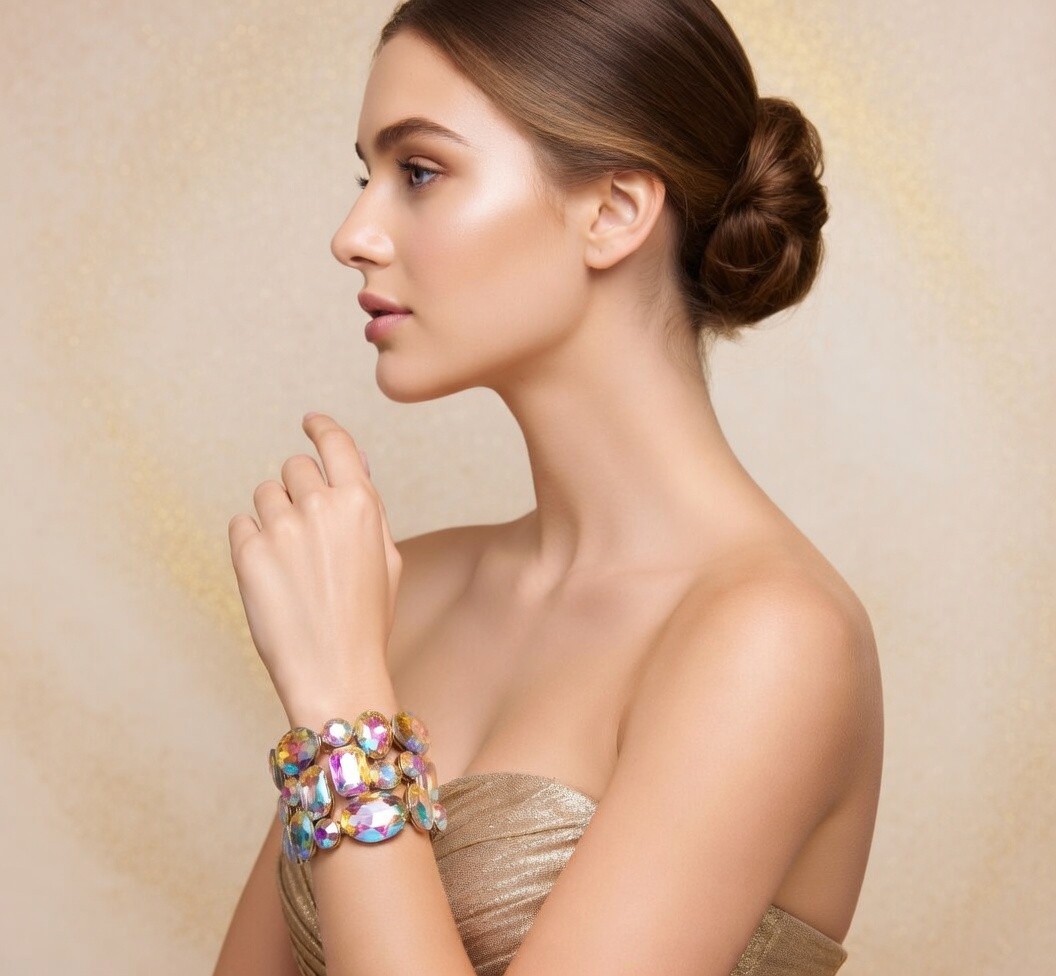 Iridescent Gold Rhinestone Stretch Bracelet Statement Drag Pageant Prom Bridal