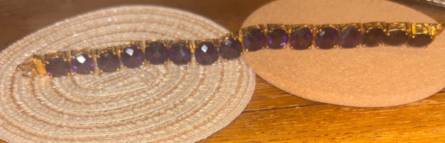 Elegant 7-Inch Gold-Tone Purple Stone Link Bracelet 925