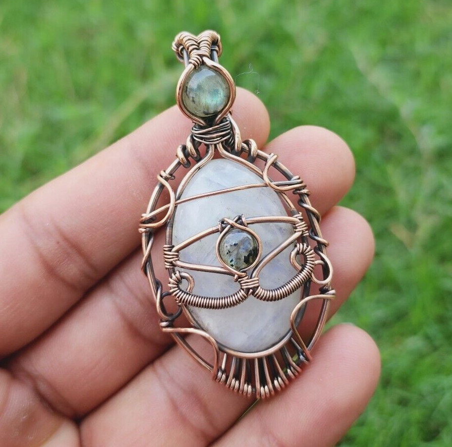 Rainbow Moonstone Labradorite Handmade Wire Wrapped Evil Eye Pendant Jewelry