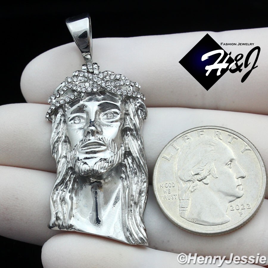 20″MEN Stainless Steel 5mm Silver Cuban Link Necklace ICY CZ Jesus Pendant*P133