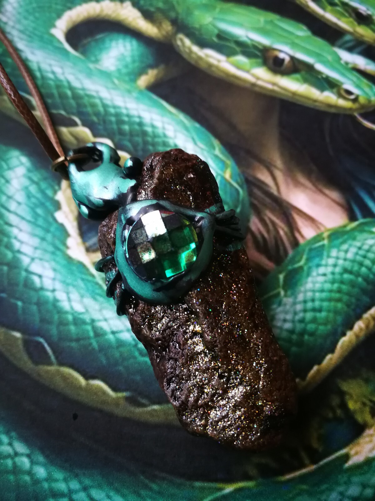 Uncut Gemstone Pendant Necklace Spirit Guide Green Witch Snake Amulet Raw Stone