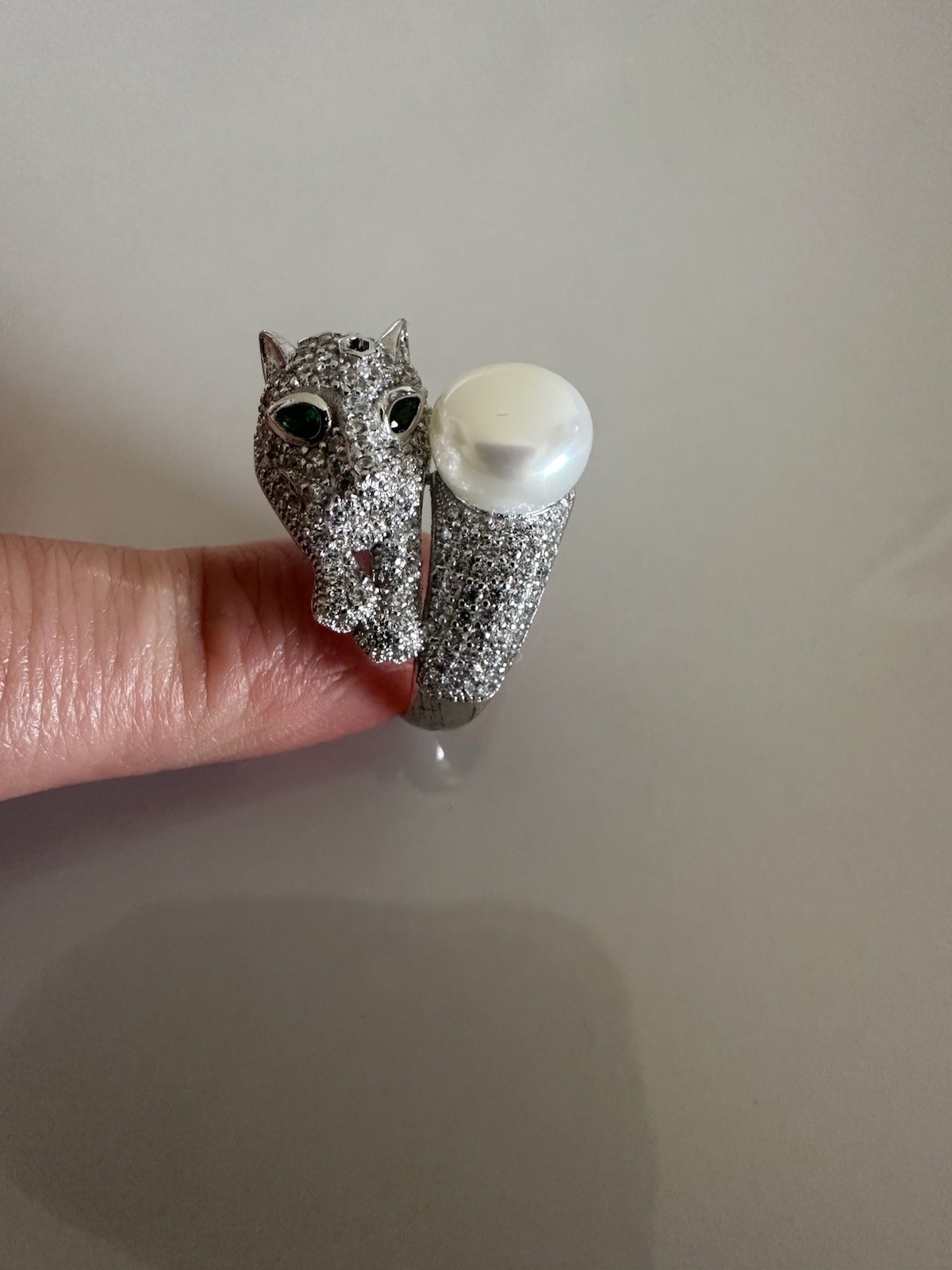 Ring 925 Silver Panther Head, Green Eye Cubic Zirconia With Pearl 7_8 Size