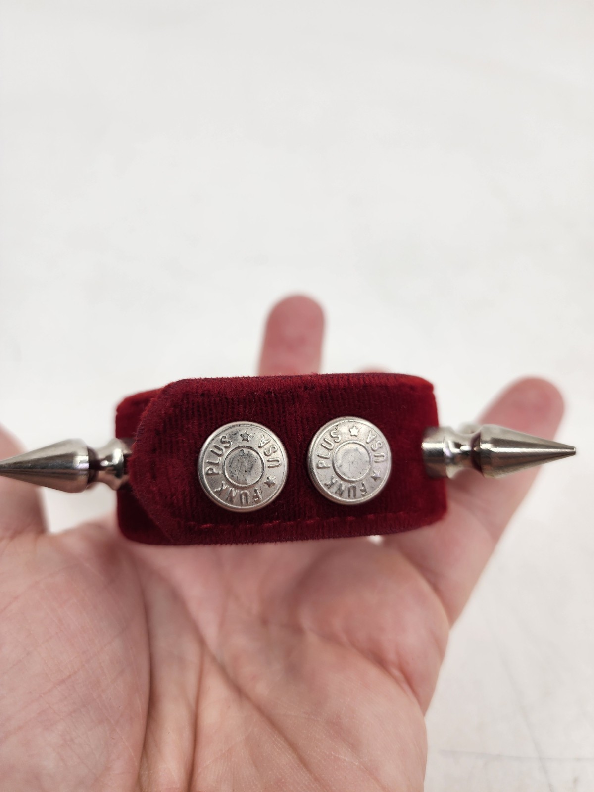 Funk Plus Wide Chrome Spikes Red Velvet Snap Bracelet Adjustable