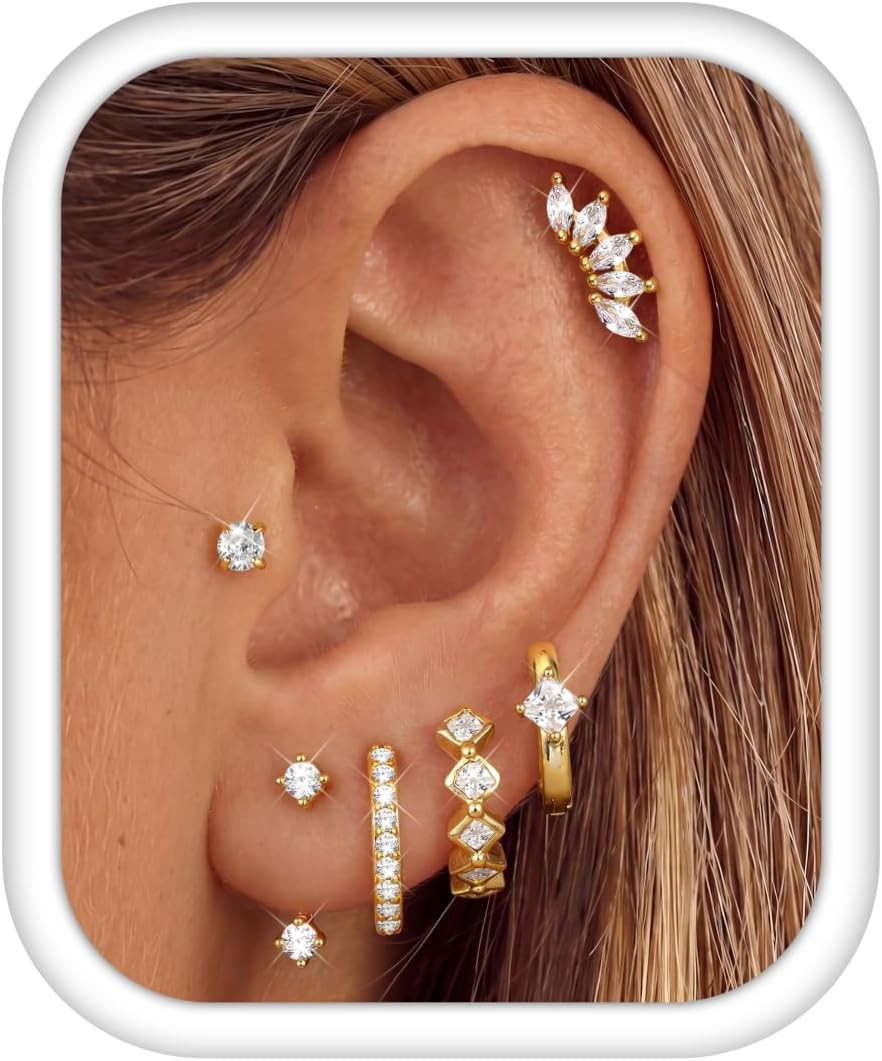 6 Pairs 925 Sterling Silver Earrings for Women Trendy, 14K Gold Plated Small Hug
