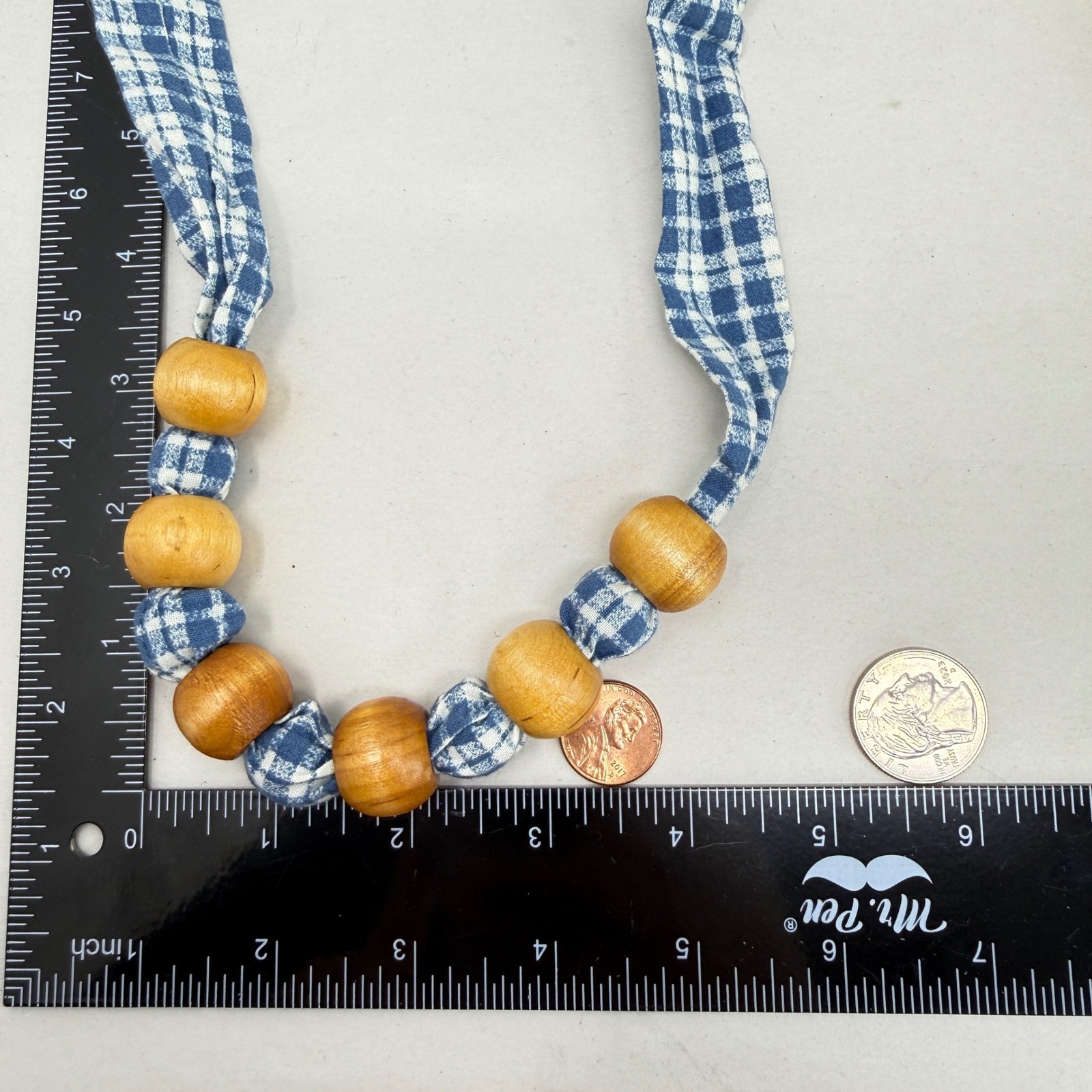 Blue Gingham Fabric Tie Necklace with Natural Wood Beads Cottagecore Vintage 80s