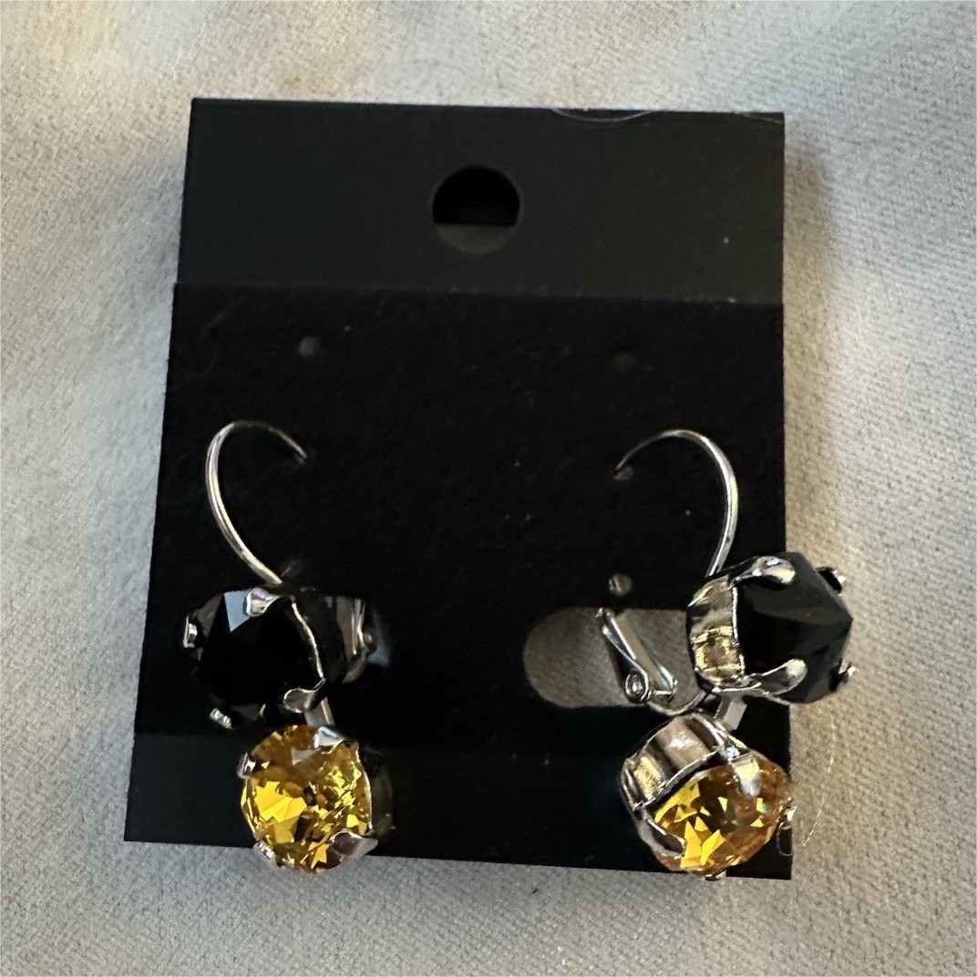 Silver Tone Leverback Dangle Earrings with Yellow & Black Crystal Jewelry