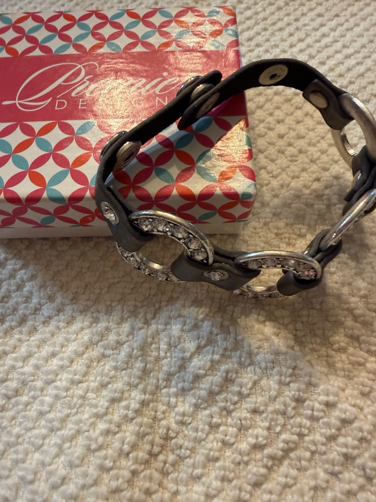 Premier Designs Grey Faux Leather Silver Tone Crystal Link Bracelet, Snap
