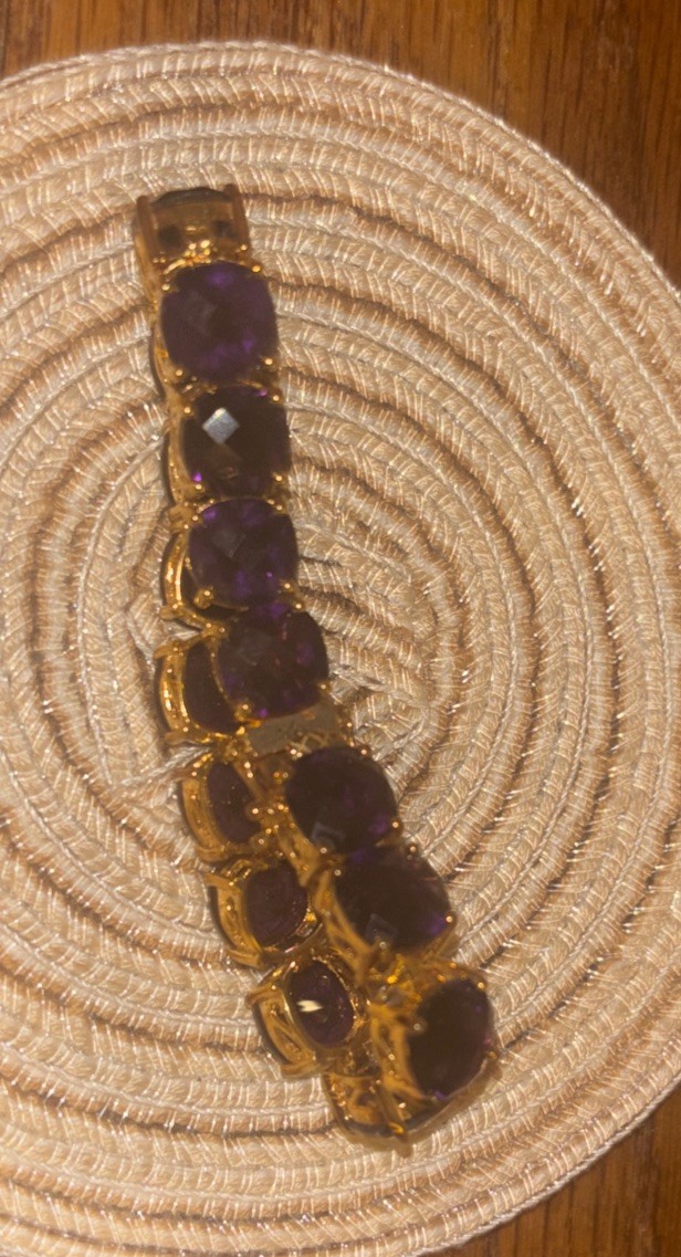 Elegant 7-Inch Gold-Tone Purple Stone Link Bracelet 925