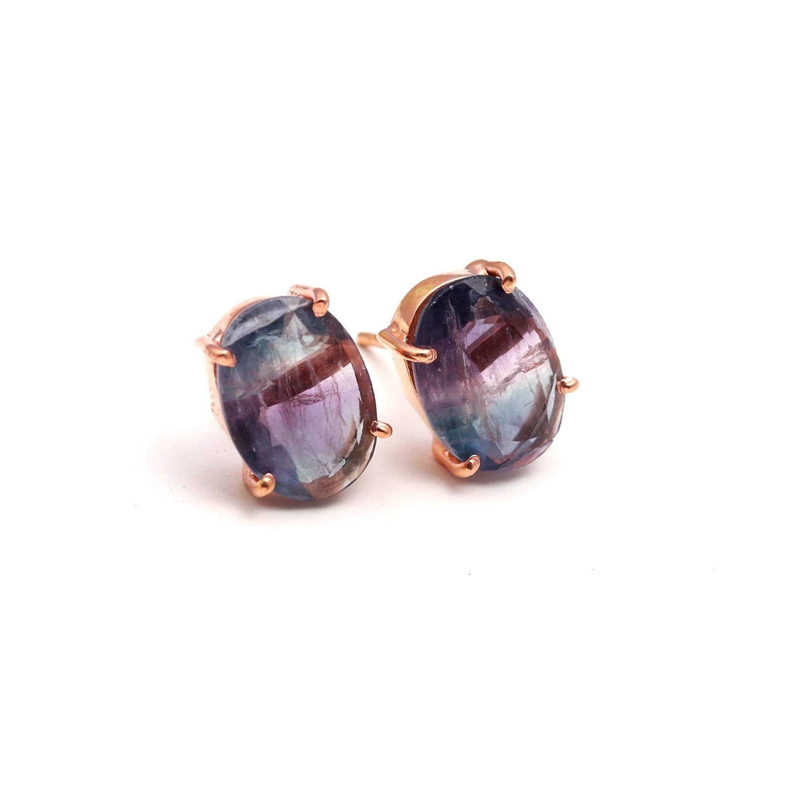 Natural Fluorite Oval Stud Earrings Rose Gold Plated 925 Sterling Silver Jewelry