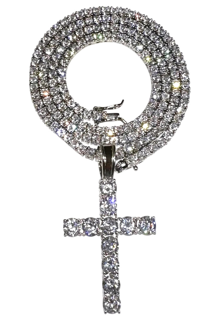 Eye-Clean White Cubic Zircon Cross Necklace 20 Inch 925 Sterling Silver Jewelry