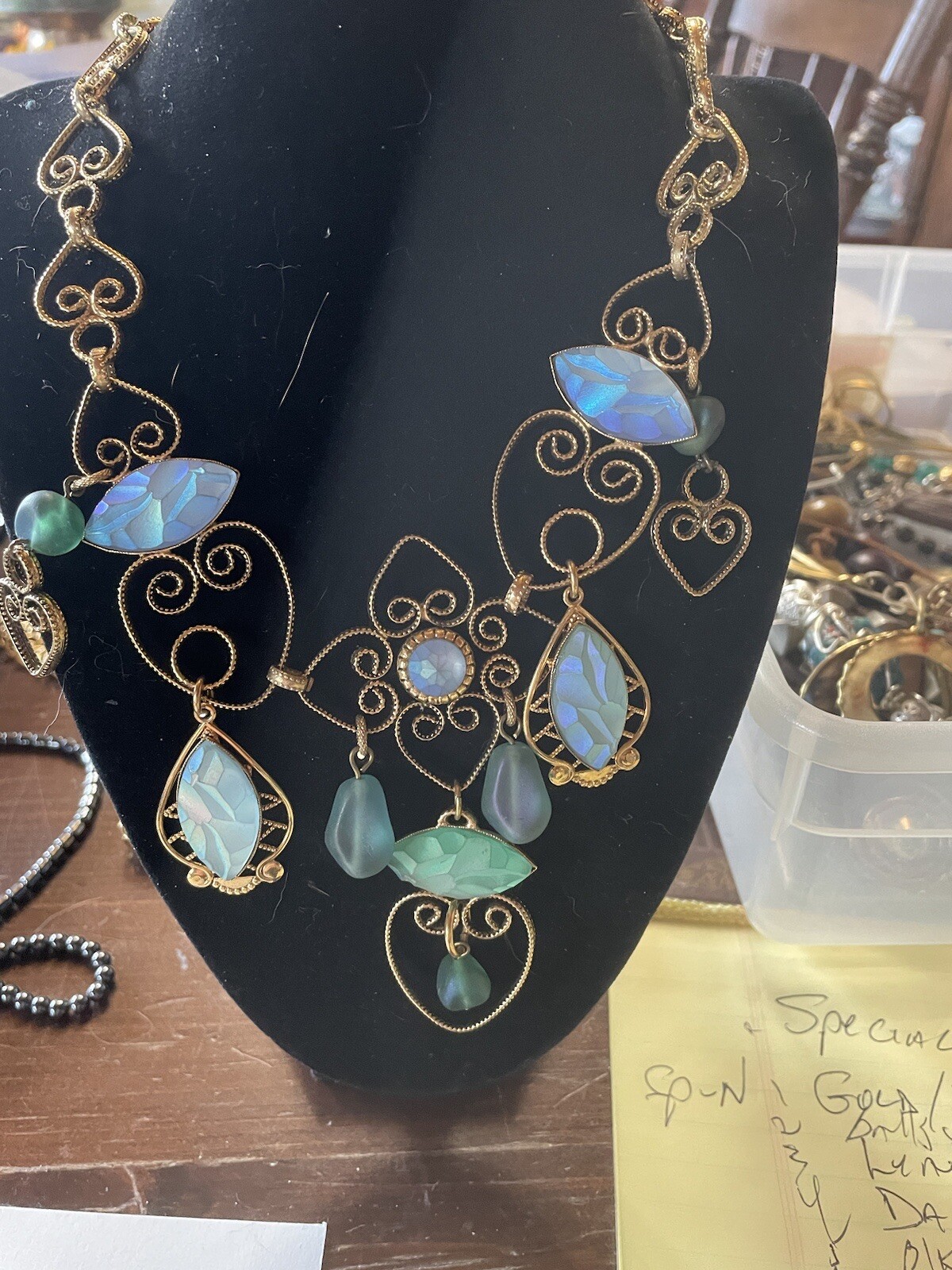 Vtg Signed Zoe Coste Huge Gold Tone Chandelier Necklace Aqua Blues France R-S#10