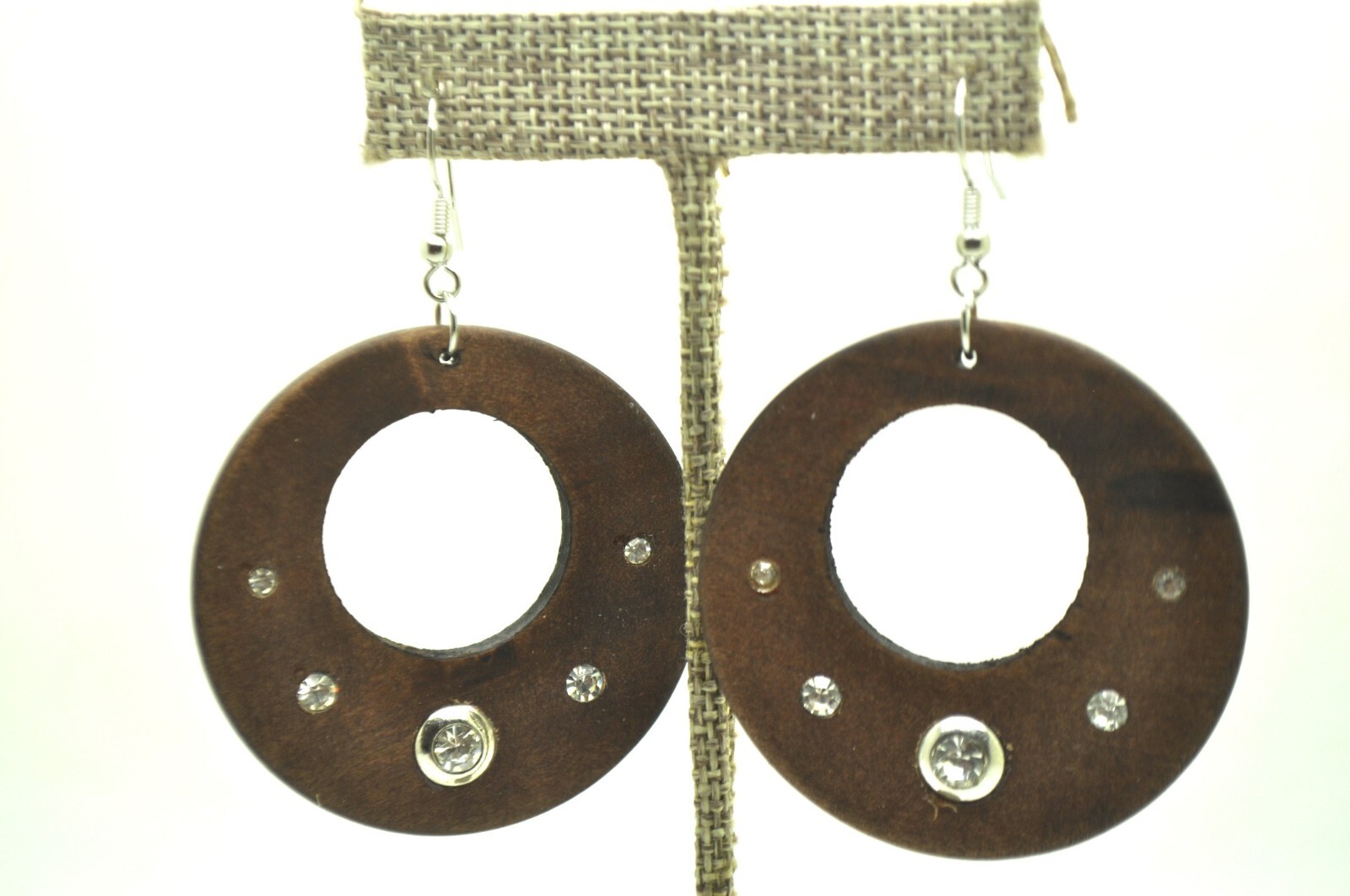 E001 Elegant design vintage Brown round Wood with stone Bohemian Earrings