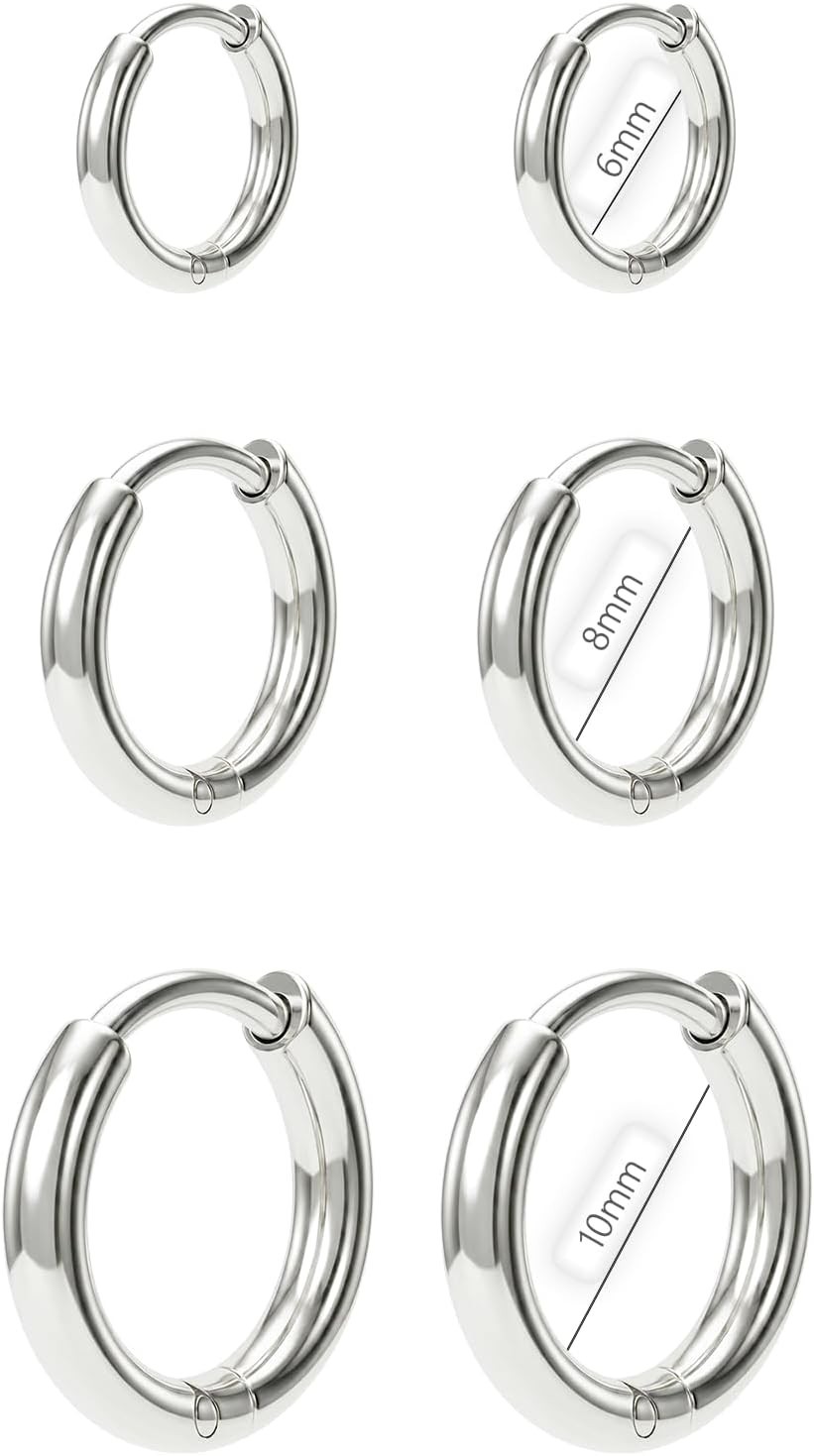 Surgical Steel Huggie Hoop Earrings & Flat Back Studs for Women Men, 6mm-14mm…