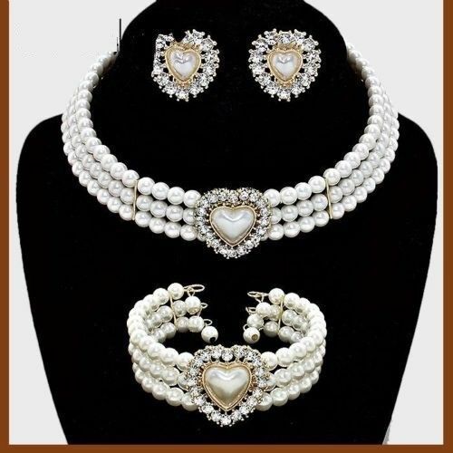 Pearl Bridal Wedding Heart Crystal Choker Necklace layer Earrings Clip Bracelet