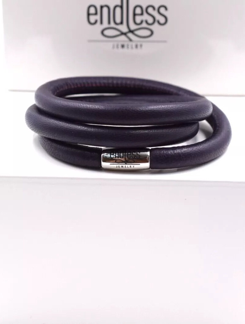 Endless Bracelet Purple Leather Triple with silver clasp 7.0 inch