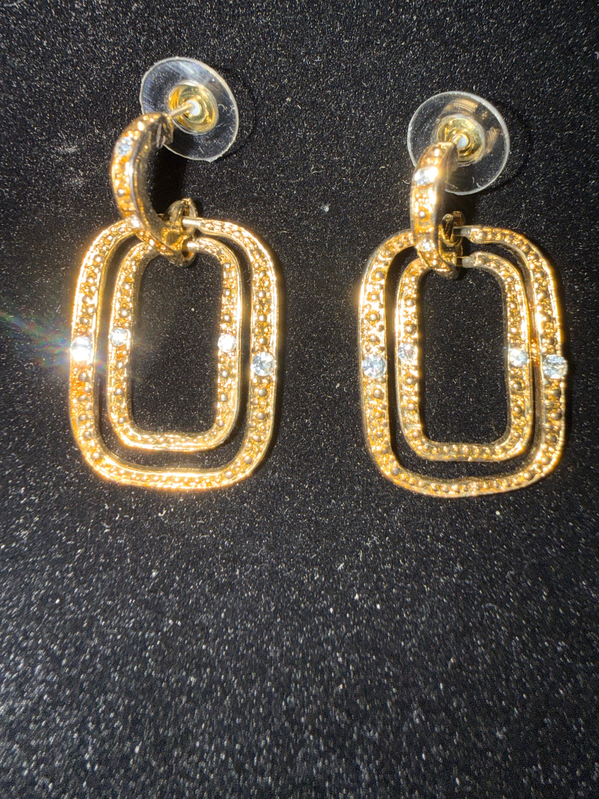 Gold Tone Earrings Double Dangle Rectangles CZ Accents Plastic Disc Backs