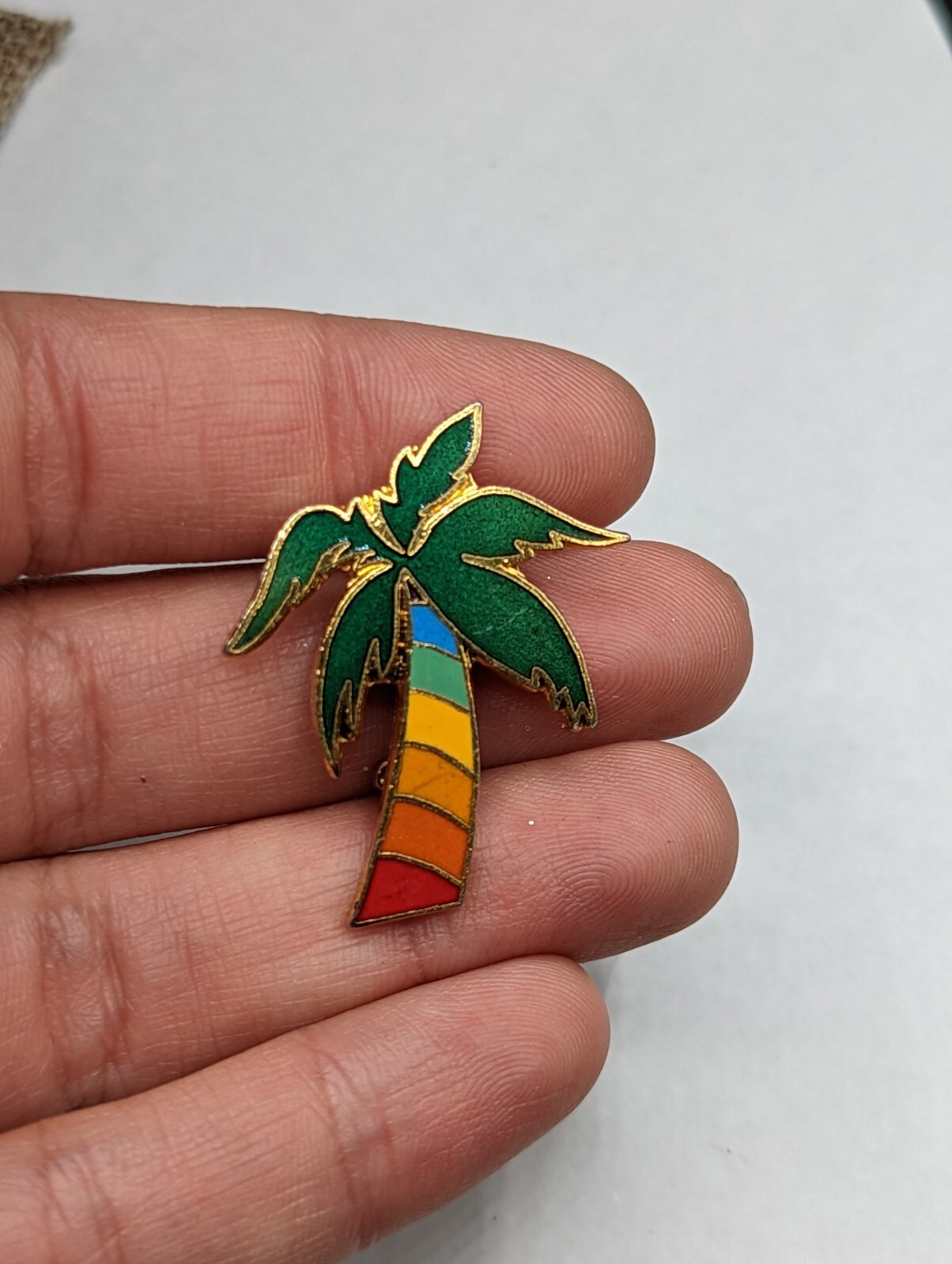 Palm Tree Rainbow Trunk Enamel Gold Tone Pride Chakra Pin Brooch