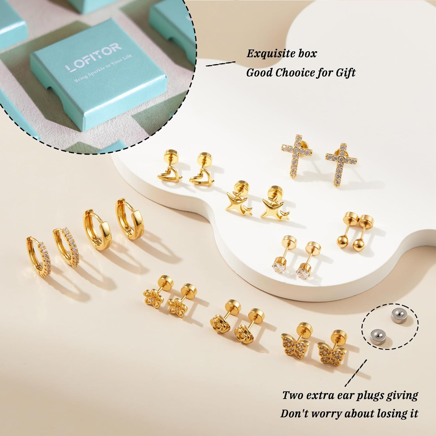 10 Pairs Hypoallergenic Flat Back Earrings for Women Girls Kids Cute Surgical St