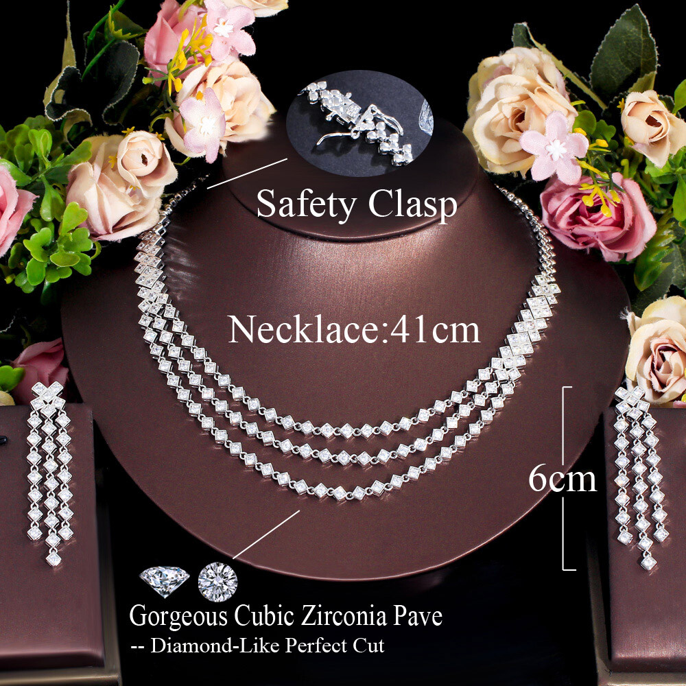 Silver Plated Zircon Multi-layer Necklace Long Tassel Earrings Women Jewelry Set