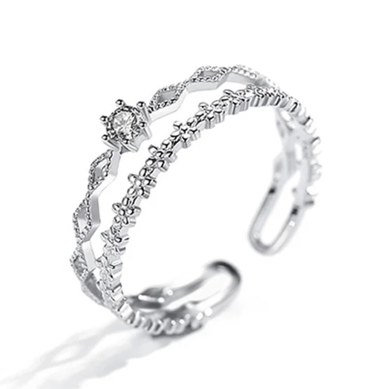 925 Sterling Silver Flower Lace Ring CZ Adjustable Korean Fashion Ring