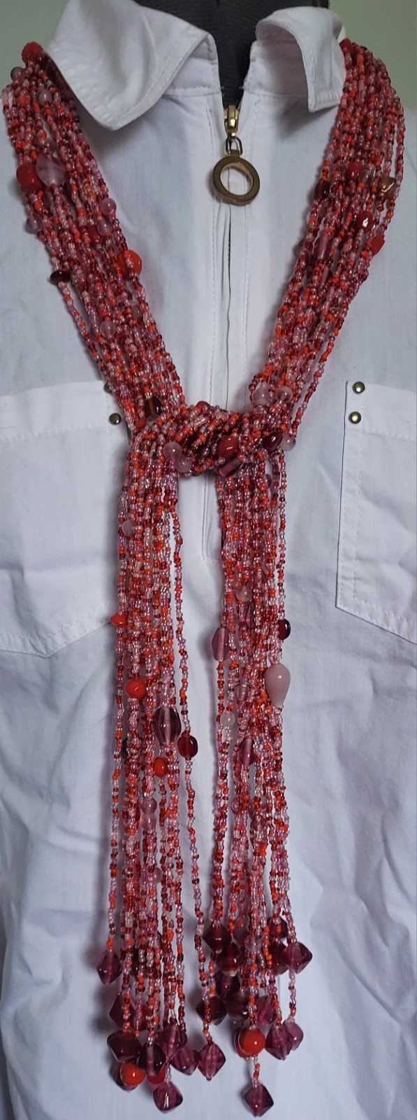 Multicolor Beaded Multi Strand Scarf Wrap Necklace w/Straight Back Statement